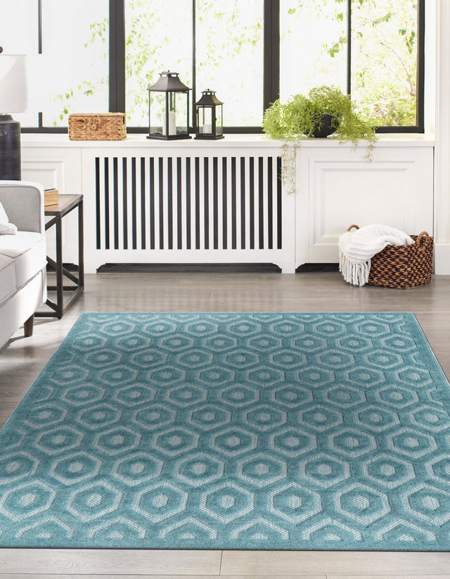 Aqua 2' x 3' Outdoor Trellis Textured Rectangle Area Rug Weather Resistant for Patio, Deck, Terrace, Balcony, Porch Geometric Design Water Safe Outside Carpet for Sale at Rug Engine