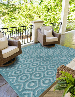 Aqua 2' x 3' Outdoor Trellis Textured Rectangle Area Rug Weather Resistant for Patio, Deck, Terrace, Balcony, Porch Geometric Design Water Safe Outside Carpet for Sale at Rug Engine