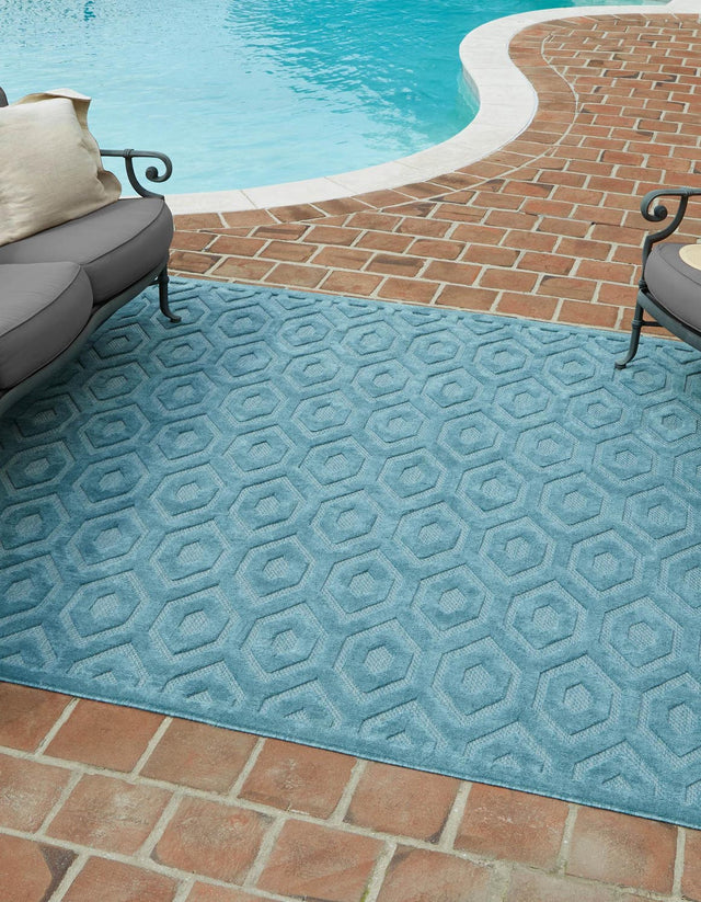 Aqua 7' 10 x 7' 10 Outdoor Trellis Textured Square Area Rug Weather Resistant for Patio, Deck, Terrace, Balcony, Porch Geometric Design Water Safe Outside Carpet for Sale at Rug Engine