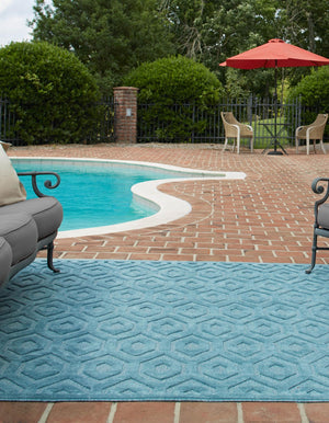 Aqua 7' 10 x 7' 10 Outdoor Trellis Textured Square Area Rug Weather Resistant for Patio, Deck, Terrace, Balcony, Porch Geometric Design Water Safe Outside Carpet for Sale at Rug Engine