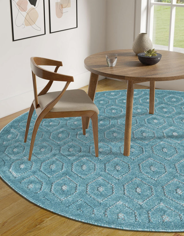 Aqua 5' 3 x 5' 3 Outdoor Trellis Textured Round Area Rug Weather Resistant for Patio, Deck, Terrace, Balcony, Porch Geometric Design Water Safe Outside Carpet for Sale at Rug Engine