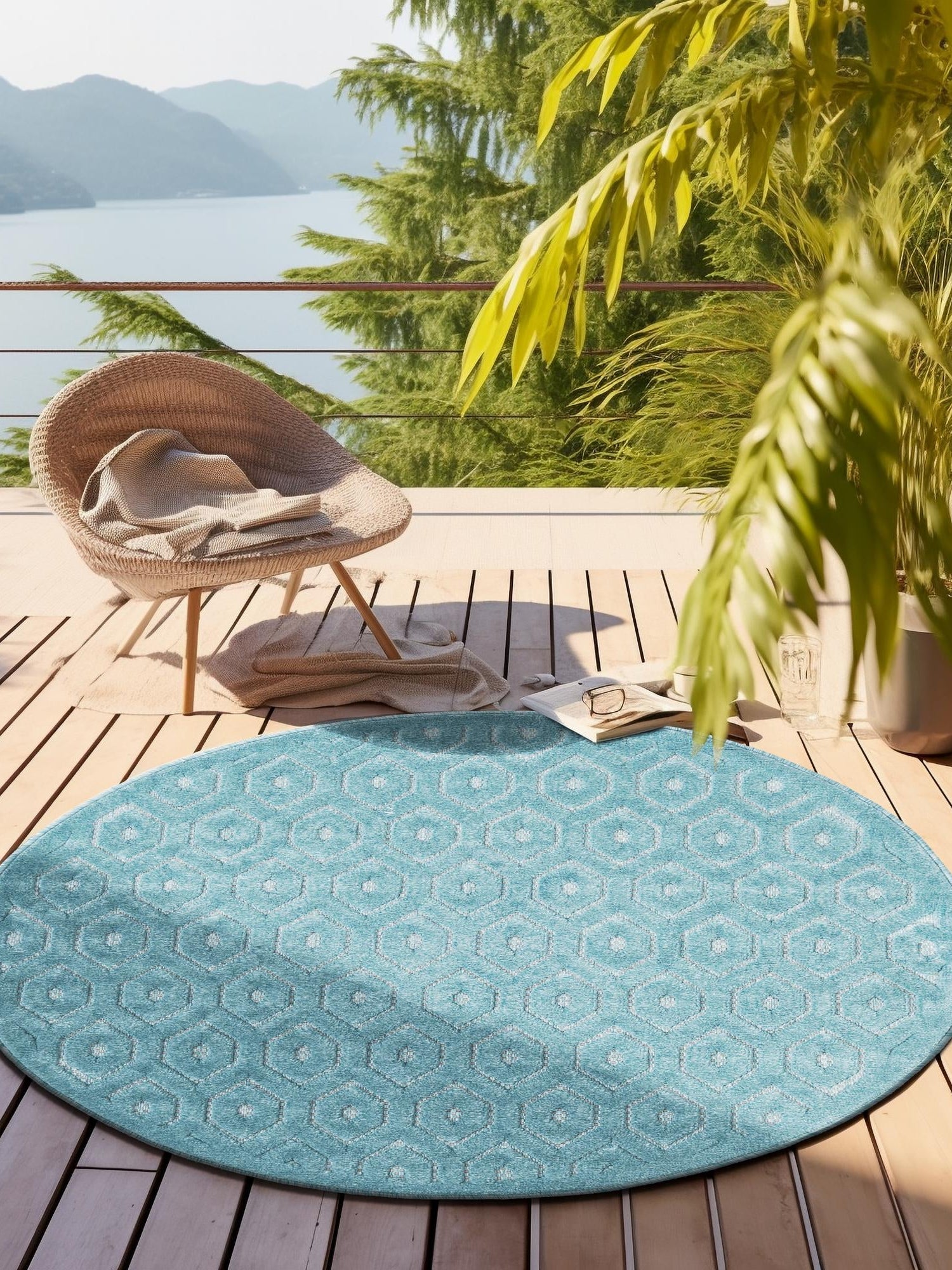 Aqua 3' x 3' Outdoor Trellis Textured Round Area Rug Weather Resistant for Patio, Deck, Terrace, Balcony, Porch Geometric Design Water Safe Outside Carpet for Sale at Rug Engine