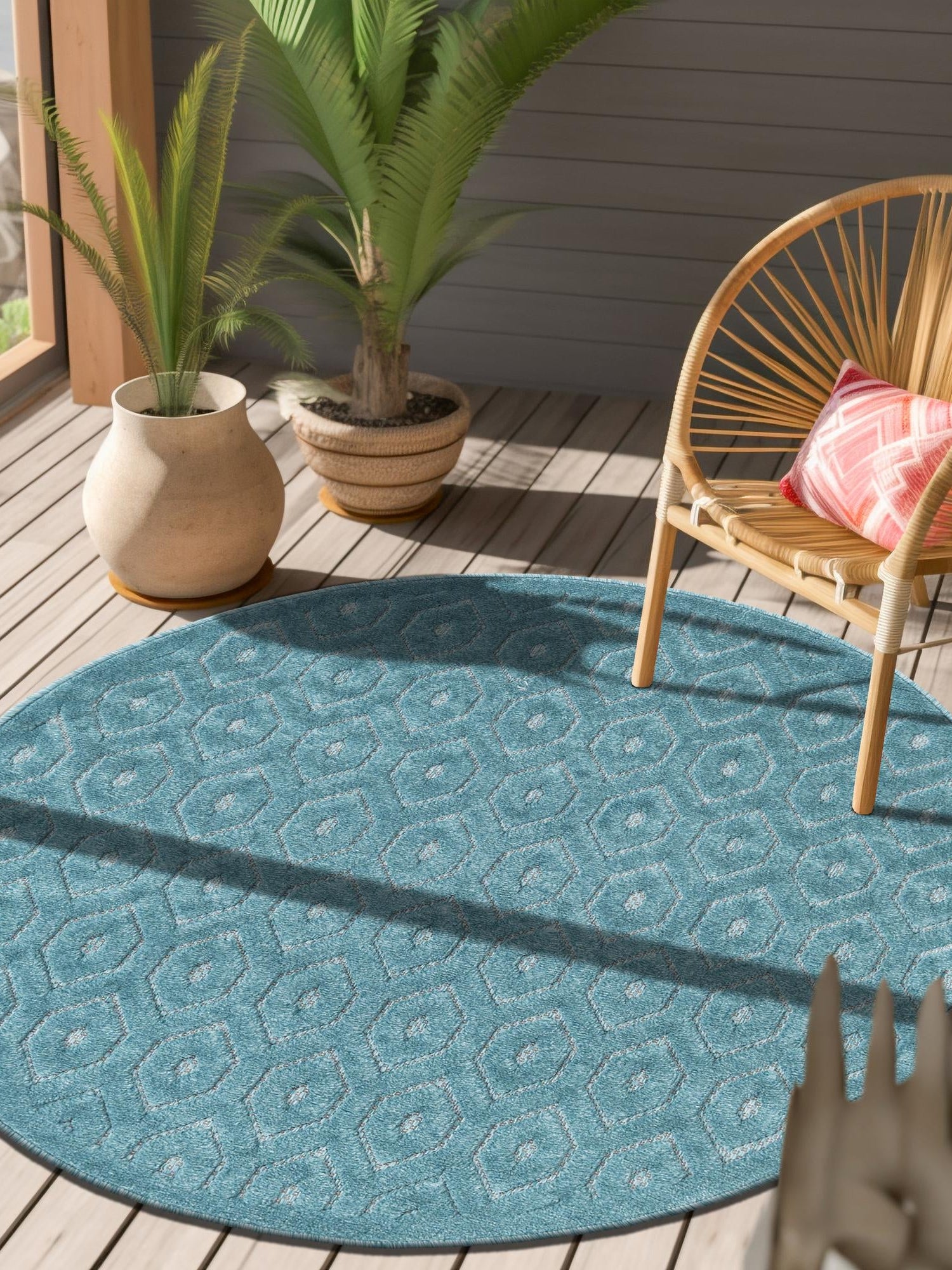 Aqua 3' x 3' Outdoor Trellis Textured Round Area Rug Weather Resistant for Patio, Deck, Terrace, Balcony, Porch Geometric Design Water Safe Outside Carpet for Sale at Rug Engine