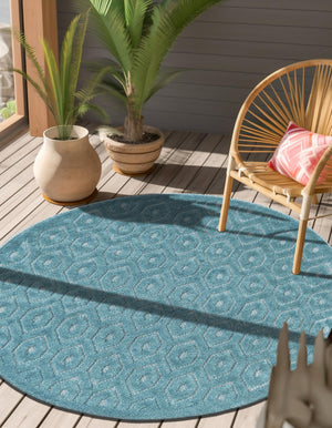 Aqua 3' x 3' Outdoor Trellis Textured Round Area Rug Weather Resistant for Patio, Deck, Terrace, Balcony, Porch Geometric Design Water Safe Outside Carpet for Sale at Rug Engine