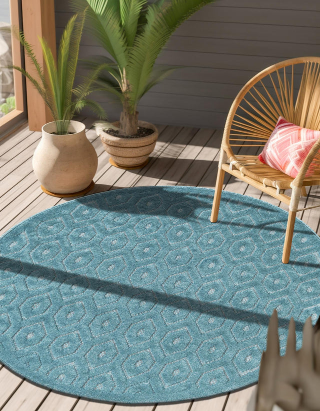 Aqua 3' x 3' Outdoor Trellis Textured Round Area Rug Weather Resistant for Patio, Deck, Terrace, Balcony, Porch Geometric Design Water Safe Outside Carpet for Sale at Rug Engine