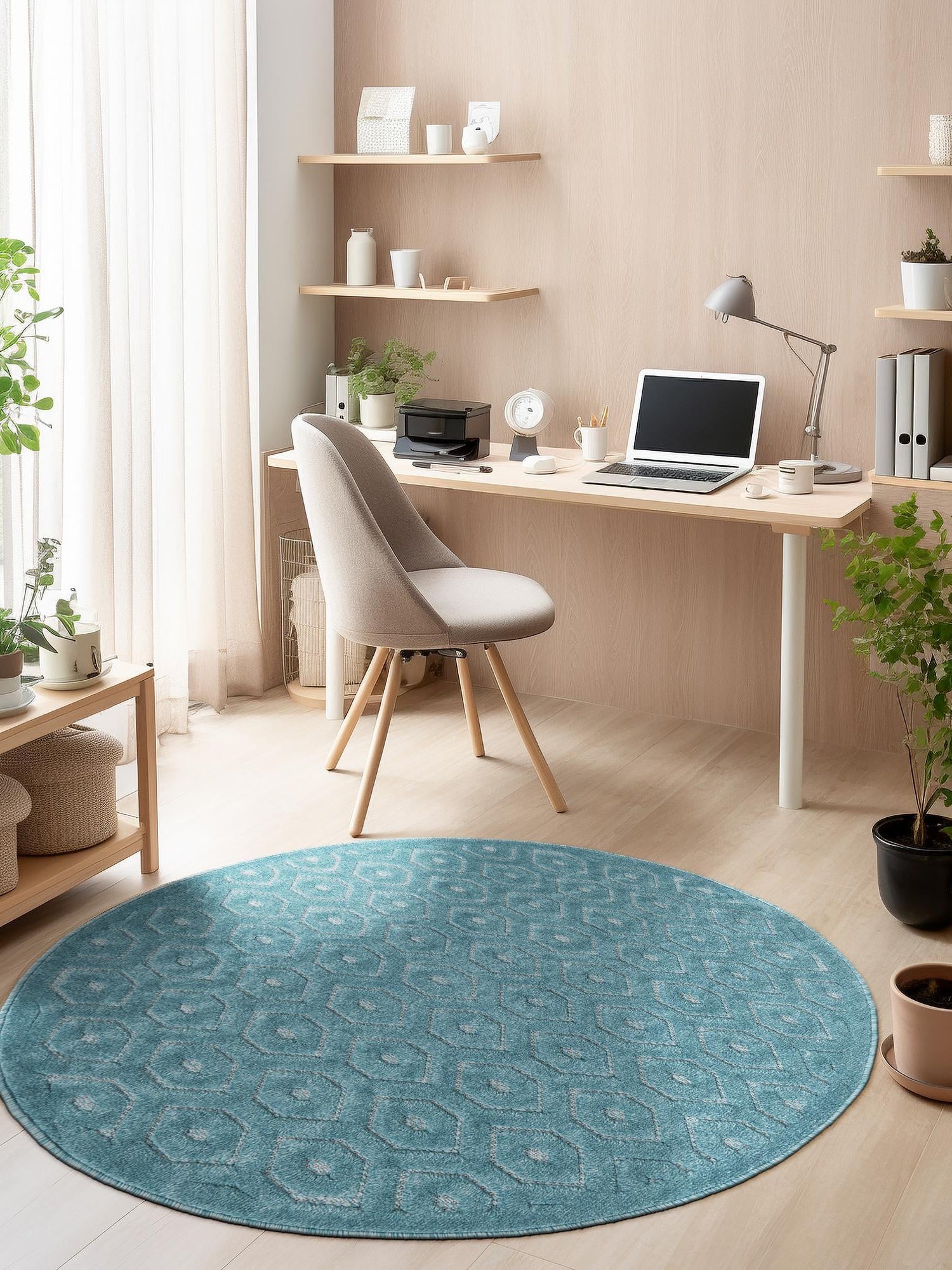 Aqua 3' x 3' Outdoor Trellis Textured Round Area Rug Weather Resistant for Patio, Deck, Terrace, Balcony, Porch Geometric Design Water Safe Outside Carpet for Sale at Rug Engine