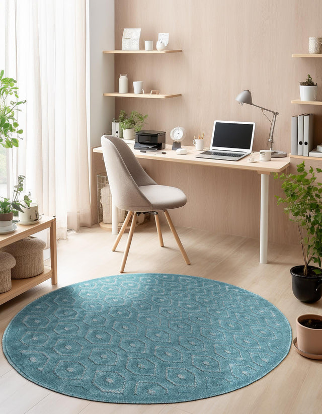 Aqua 3' x 3' Outdoor Trellis Textured Round Area Rug Weather Resistant for Patio, Deck, Terrace, Balcony, Porch Geometric Design Water Safe Outside Carpet for Sale at Rug Engine