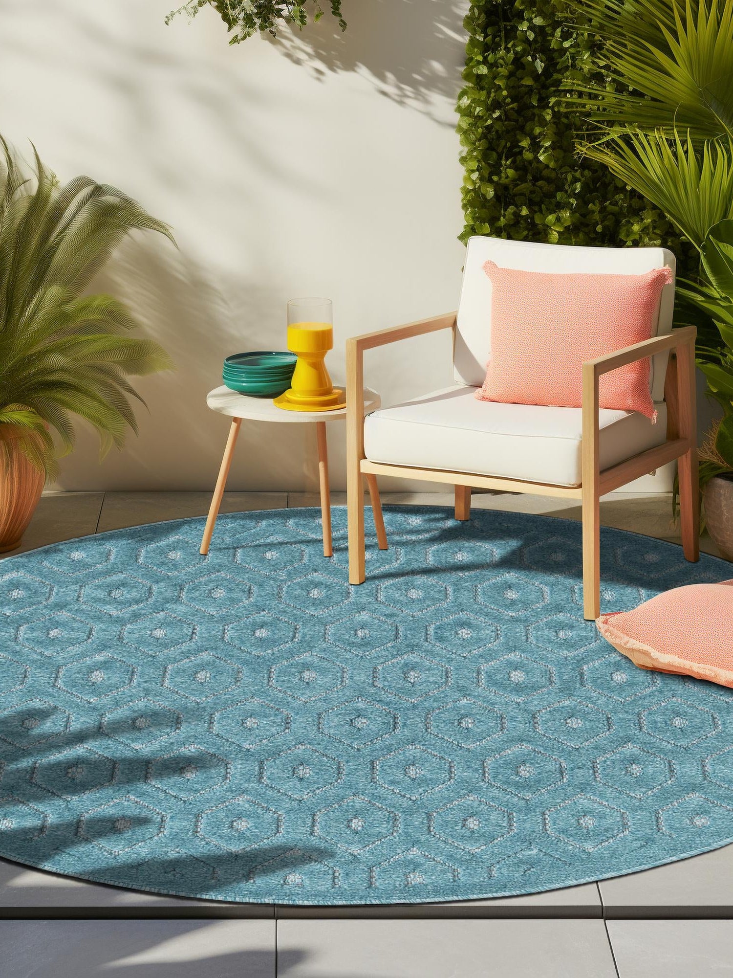 Aqua 3' x 3' Outdoor Trellis Textured Round Area Rug Weather Resistant for Patio, Deck, Terrace, Balcony, Porch Geometric Design Water Safe Outside Carpet for Sale at Rug Engine
