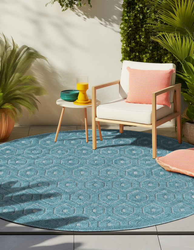 Aqua 3' x 3' Outdoor Trellis Textured Round Area Rug Weather Resistant for Patio, Deck, Terrace, Balcony, Porch Geometric Design Water Safe Outside Carpet for Sale at Rug Engine