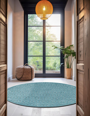 Aqua 4' x 4' Outdoor Trellis Textured Round Area Rug Weather Resistant for Patio, Deck, Terrace, Balcony, Porch Geometric Design Water Safe Outside Carpet for Sale at Rug Engine