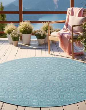 Aqua 4' x 4' Outdoor Trellis Textured Round Area Rug Weather Resistant for Patio, Deck, Terrace, Balcony, Porch Geometric Design Water Safe Outside Carpet for Sale at Rug Engine