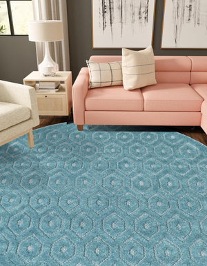 Aqua 4' x 4' Outdoor Trellis Textured Round Area Rug Weather Resistant for Patio, Deck, Terrace, Balcony, Porch Geometric Design Water Safe Outside Carpet for Sale at Rug Engine