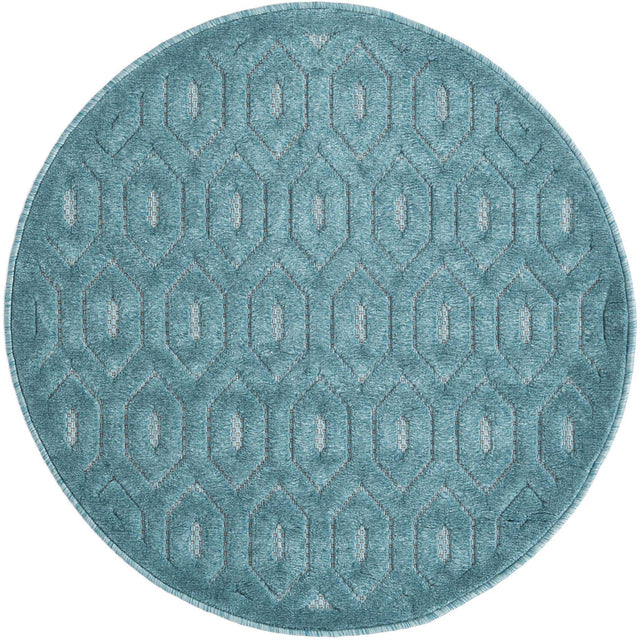 Aqua 3' x 3' Outdoor Trellis Textured Round Area Rug Weather Resistant for Patio, Deck, Terrace, Balcony, Porch Geometric Design Water Safe Outside Carpet for Sale at Rug Engine