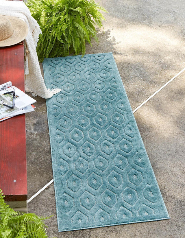 Aqua 2' x 8' Outdoor Trellis Textured Runner Area Rug Weather Resistant for Patio, Deck, Terrace, Balcony, Porch Geometric Design Water Safe Outside Carpet for Sale at Rug Engine