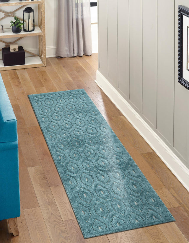 Aqua 2' x 8' Outdoor Trellis Textured Runner Area Rug Weather Resistant for Patio, Deck, Terrace, Balcony, Porch Geometric Design Water Safe Outside Carpet for Sale at Rug Engine