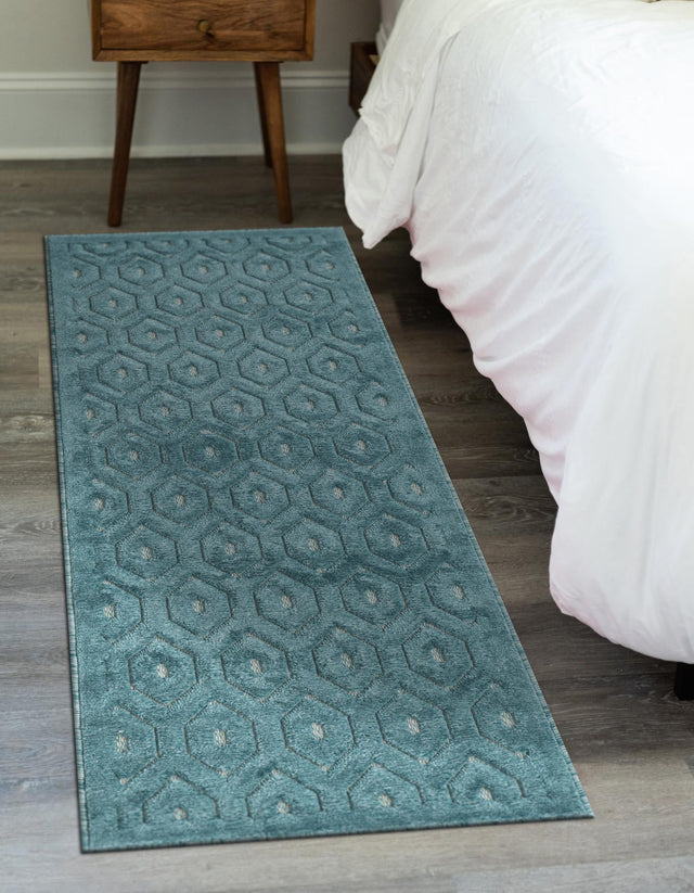 Aqua 2' x 6' Outdoor Trellis Textured Runner Area Rug Weather Resistant for Patio, Deck, Terrace, Balcony, Porch Geometric Design Water Safe Outside Carpet for Sale at Rug Engine