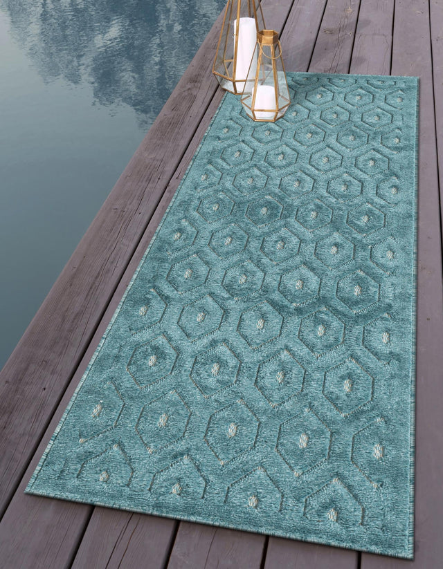 Aqua 2' x 8' Outdoor Trellis Textured Runner Area Rug Weather Resistant for Patio, Deck, Terrace, Balcony, Porch Geometric Design Water Safe Outside Carpet for Sale at Rug Engine