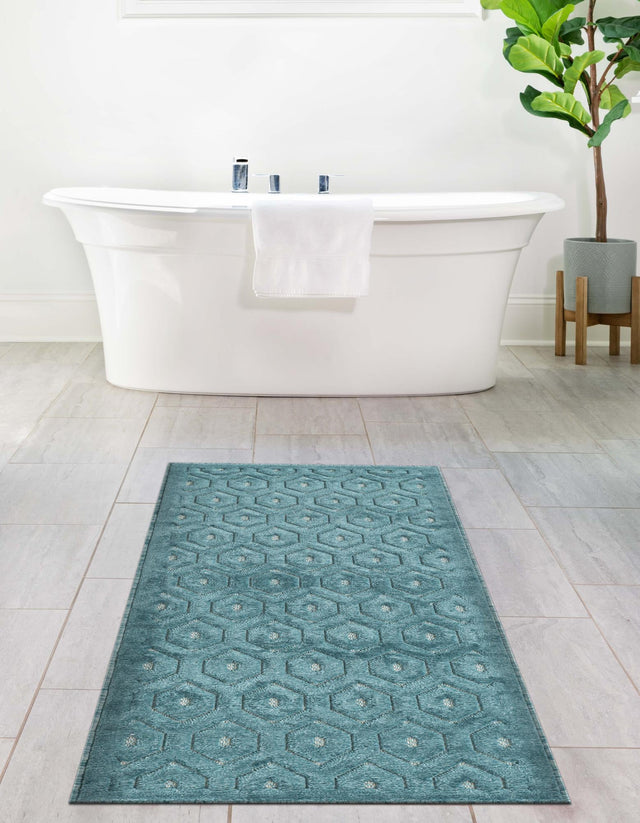 Aqua 2' x 6' Outdoor Trellis Textured Runner Area Rug Weather Resistant for Patio, Deck, Terrace, Balcony, Porch Geometric Design Water Safe Outside Carpet for Sale at Rug Engine