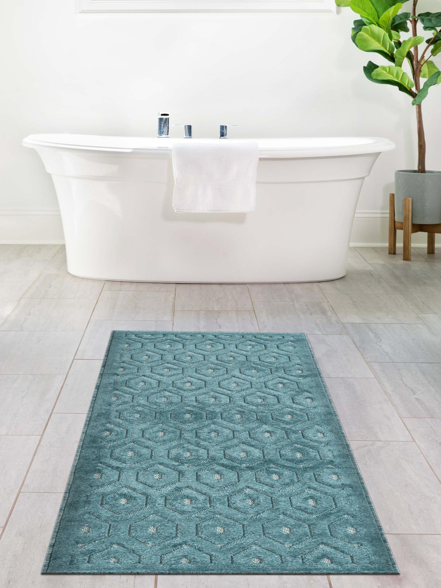 Aqua 2' x 8' Outdoor Trellis Textured Runner Area Rug Weather Resistant for Patio, Deck, Terrace, Balcony, Porch Geometric Design Water Safe Outside Carpet for Sale at Rug Engine