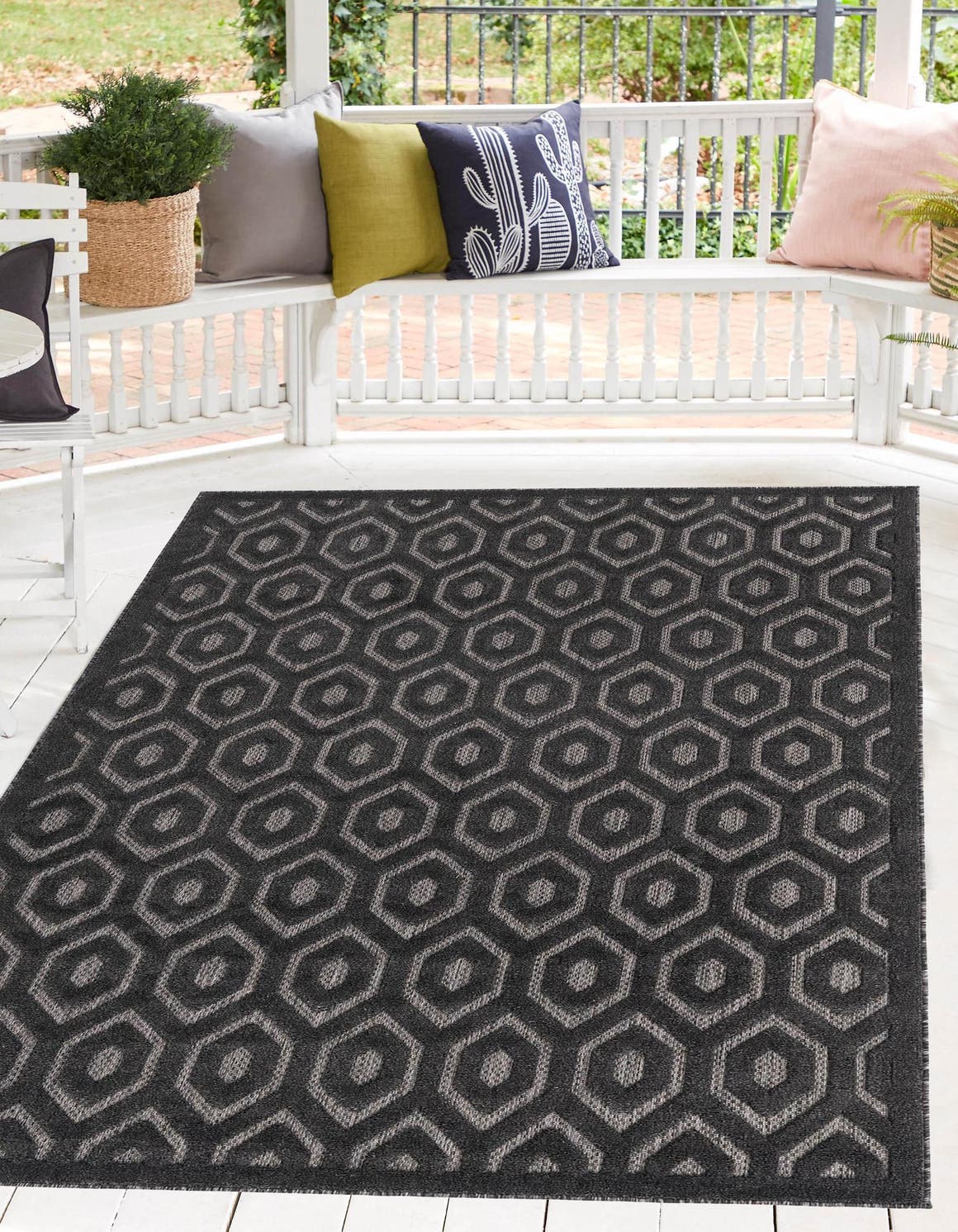 Charcoal 2' x 3' Outdoor Trellis Textured Rectangle Area Rug Weather Resistant for Patio, Deck, Terrace, Balcony, Porch Geometric Design Water Safe Outside Carpet for Sale at Rug Engine