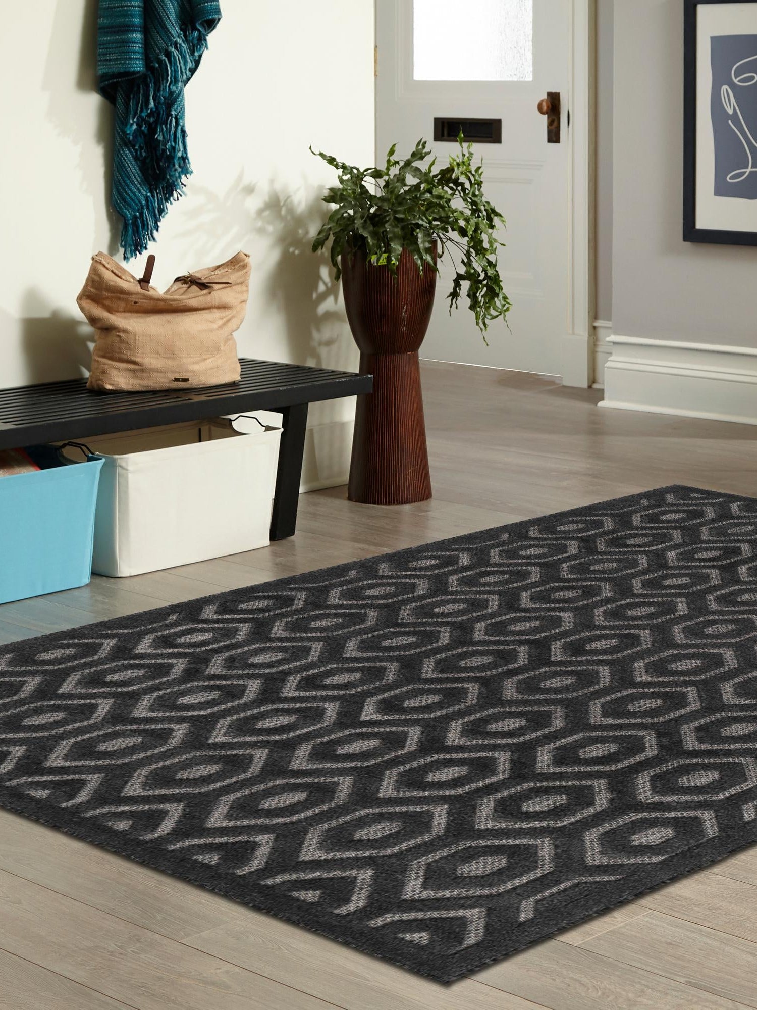 Charcoal 4' x 6' Outdoor Trellis Textured Rectangle Area Rug Weather Resistant for Patio, Deck, Terrace, Balcony, Porch Geometric Design Water Safe Outside Carpet for Sale at Rug Engine