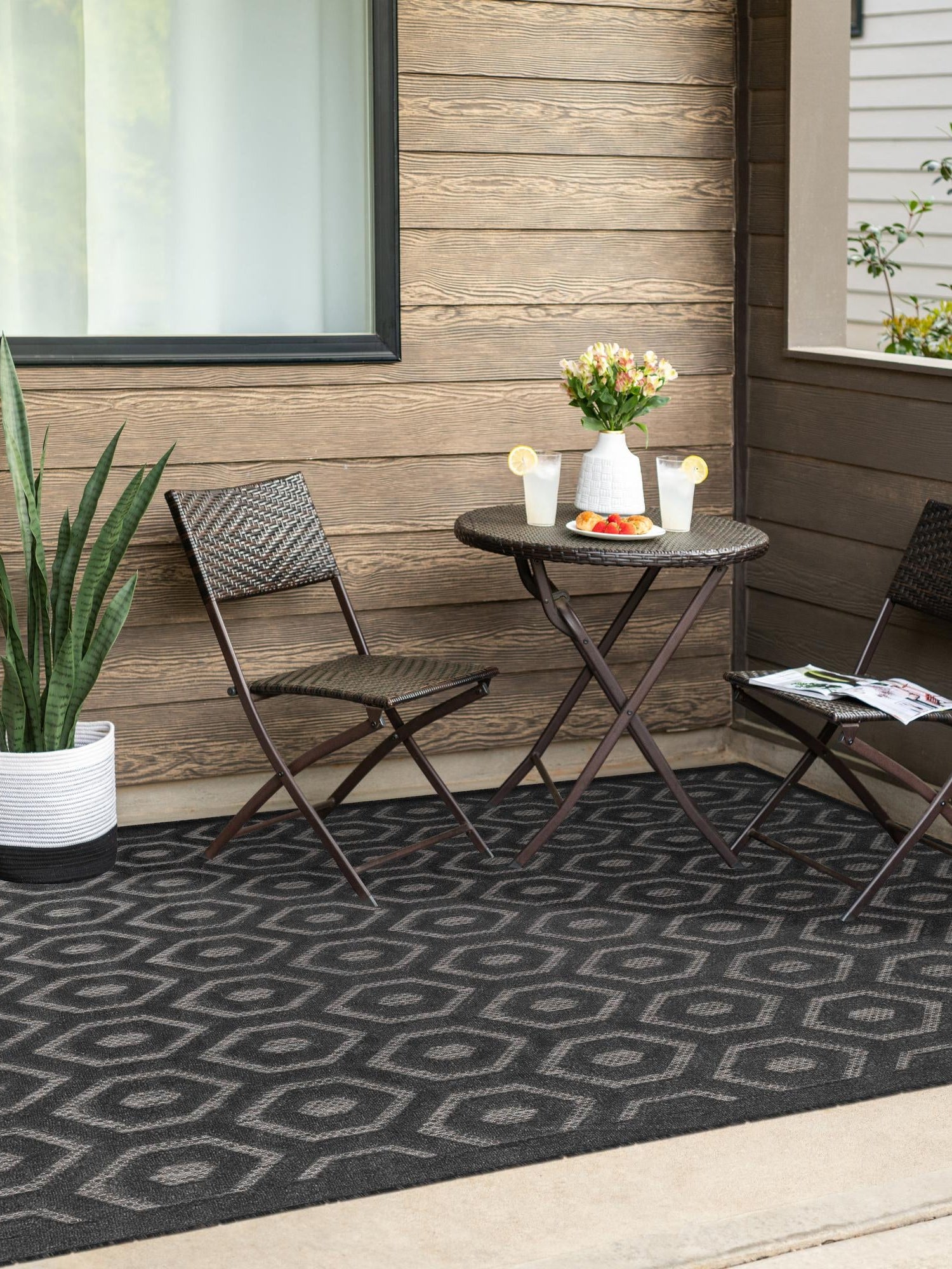 Charcoal 4' x 6' Outdoor Trellis Textured Rectangle Area Rug Weather Resistant for Patio, Deck, Terrace, Balcony, Porch Geometric Design Water Safe Outside Carpet for Sale at Rug Engine