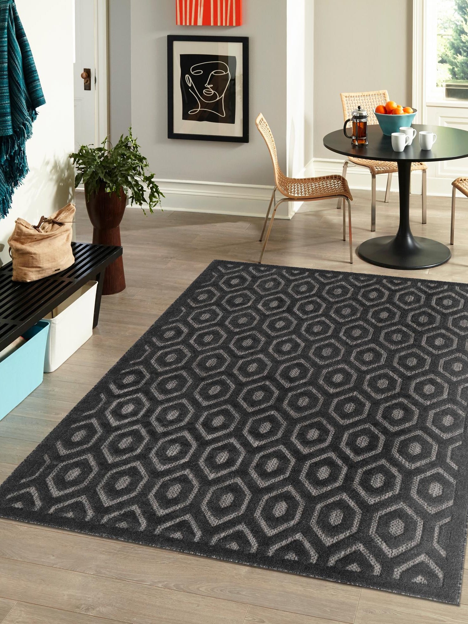 Charcoal 4' x 6' Outdoor Trellis Textured Rectangle Area Rug Weather Resistant for Patio, Deck, Terrace, Balcony, Porch Geometric Design Water Safe Outside Carpet for Sale at Rug Engine
