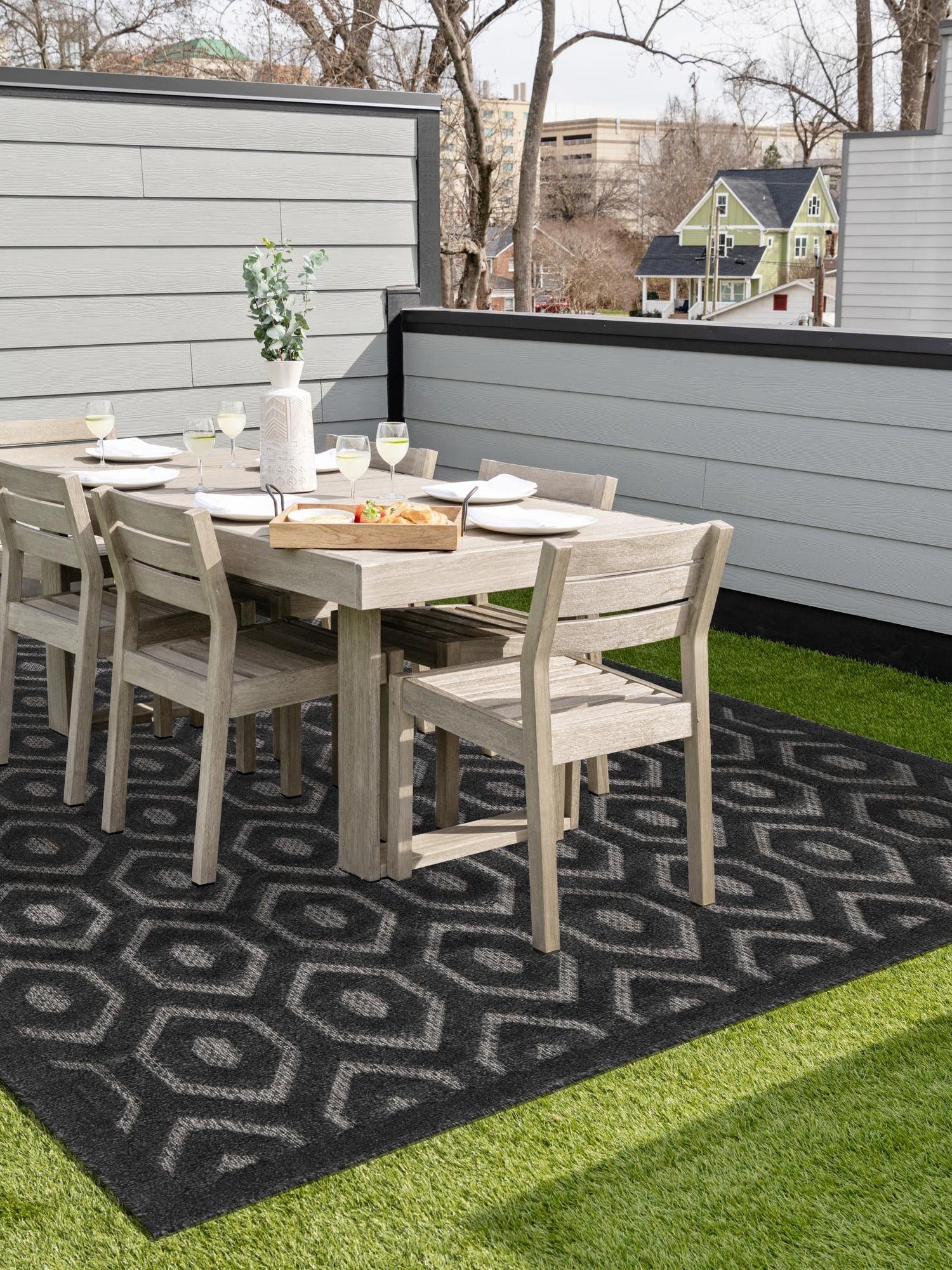 Charcoal 4' x 6' Outdoor Trellis Textured Rectangle Area Rug Weather Resistant for Patio, Deck, Terrace, Balcony, Porch Geometric Design Water Safe Outside Carpet for Sale at Rug Engine