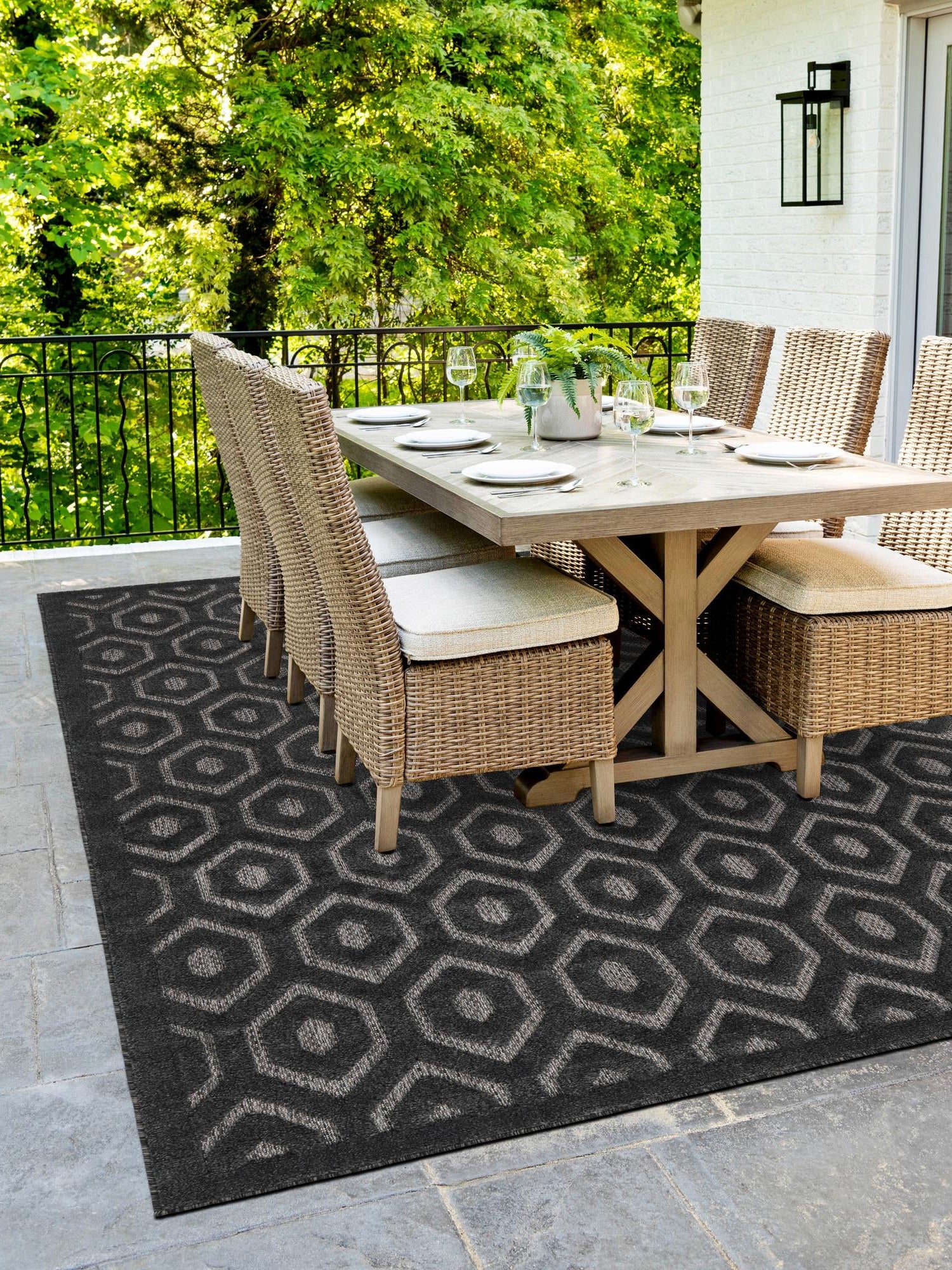 Charcoal 6' x 9' Outdoor Trellis Textured Rectangle Area Rug Weather Resistant for Patio, Deck, Terrace, Balcony, Porch Geometric Design Water Safe Outside Carpet for Sale at Rug Engine