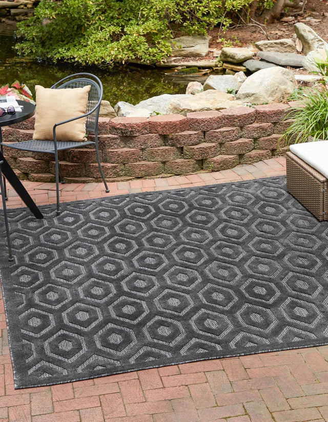Charcoal 7' 10 x 7' 10 Outdoor Trellis Textured Square Area Rug Weather Resistant for Patio, Deck, Terrace, Balcony, Porch Geometric Design Water Safe Outside Carpet for Sale at Rug Engine