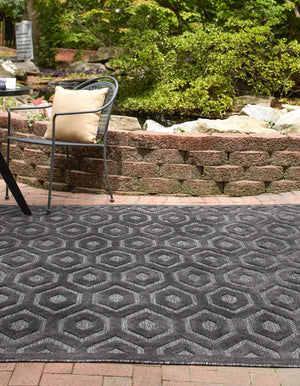 Charcoal 7' 10 x 7' 10 Outdoor Trellis Textured Square Area Rug Weather Resistant for Patio, Deck, Terrace, Balcony, Porch Geometric Design Water Safe Outside Carpet for Sale at Rug Engine