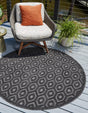 Charcoal 5' 3 x 5' 3 Outdoor Trellis Textured Round Area Rug Weather Resistant for Patio, Deck, Terrace, Balcony, Porch Geometric Design Water Safe Outside Carpet for Sale at Rug Engine