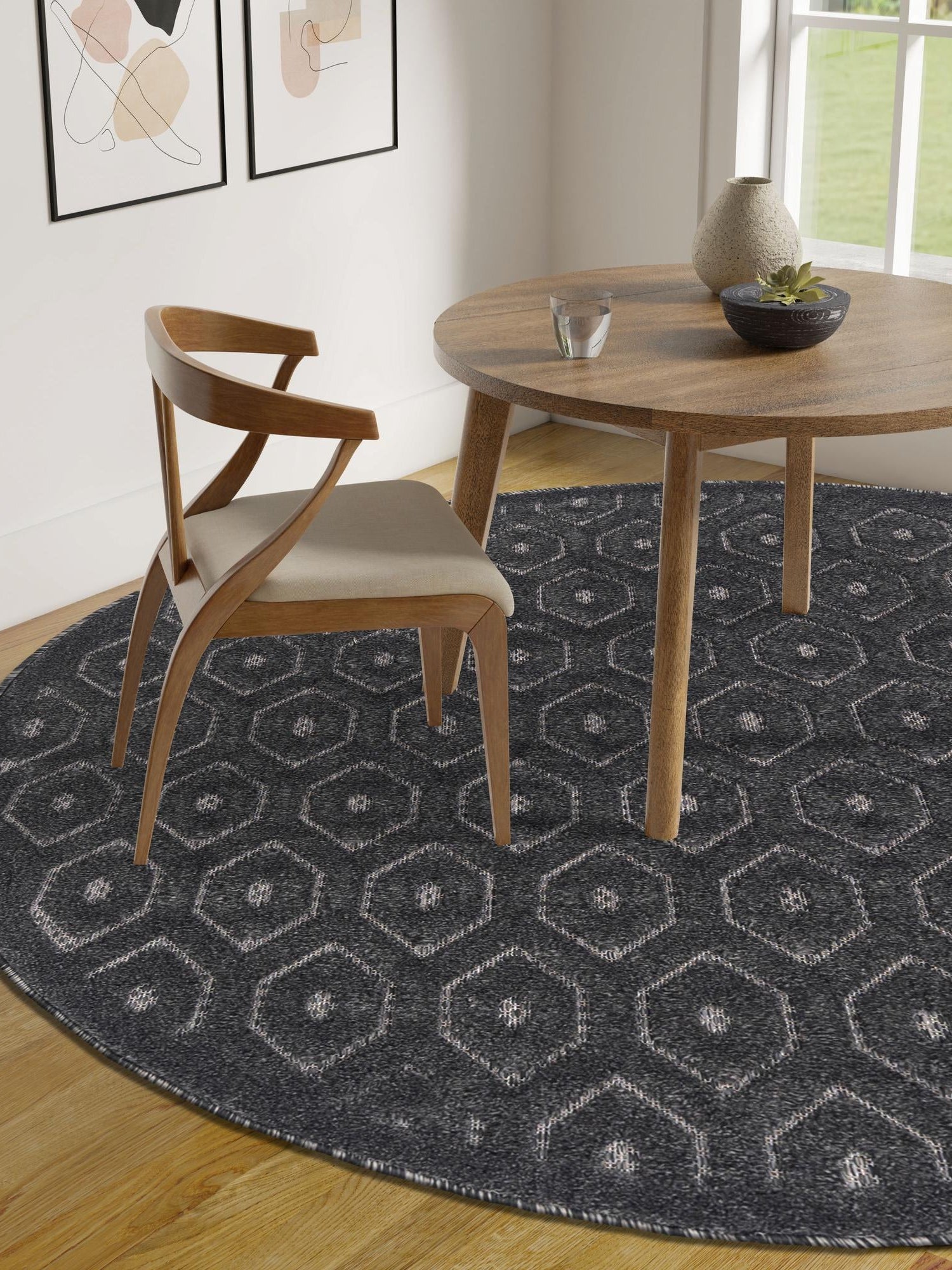Charcoal 7' x 7' Outdoor Trellis Textured Round Area Rug Weather Resistant for Patio, Deck, Terrace, Balcony, Porch Geometric Design Water Safe Outside Carpet for Sale at Rug Engine