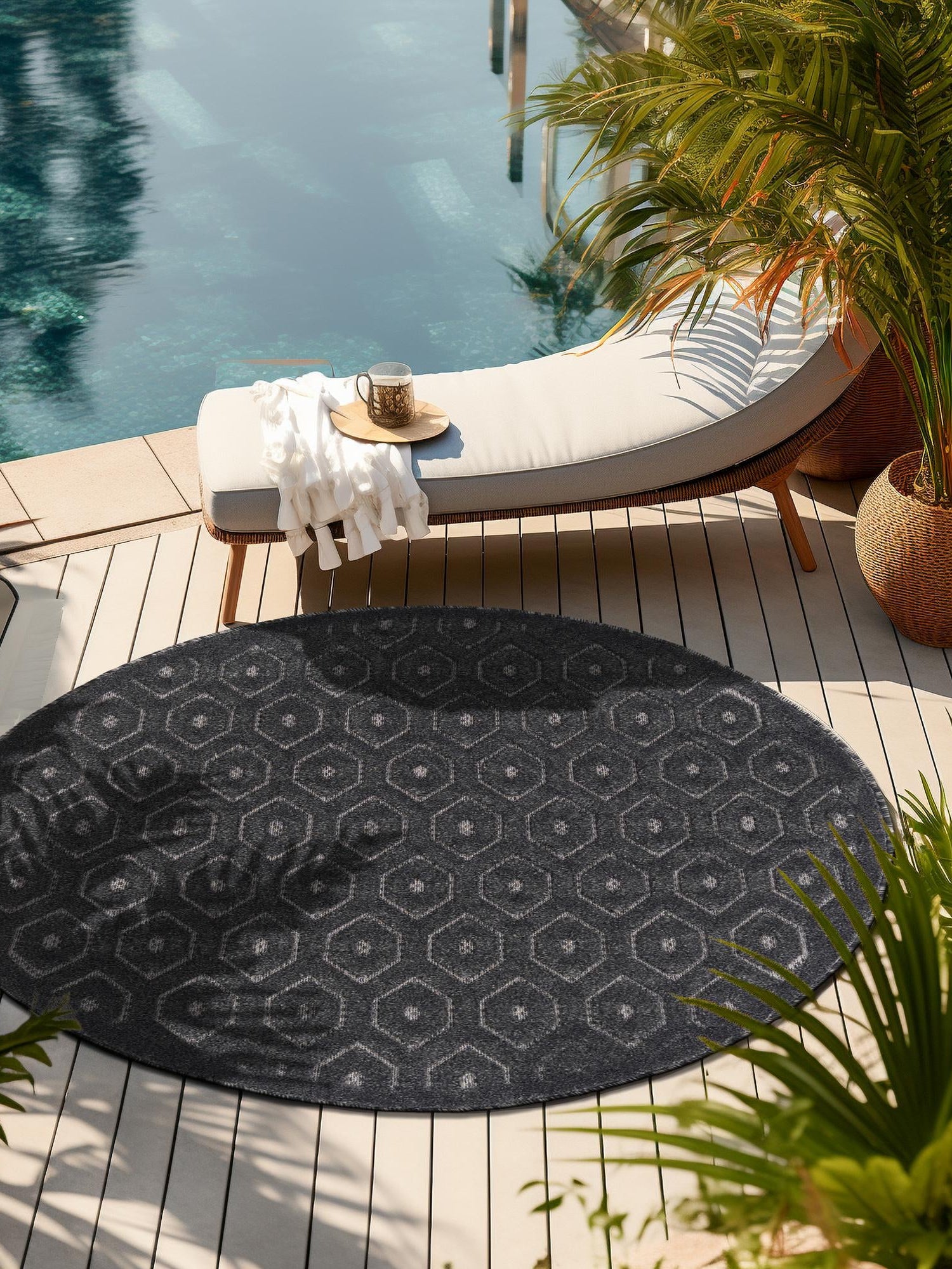 Charcoal 3' x 3' Outdoor Trellis Textured Round Area Rug Weather Resistant for Patio, Deck, Terrace, Balcony, Porch Geometric Design Water Safe Outside Carpet for Sale at Rug Engine