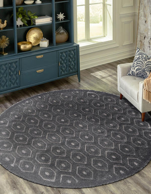 Charcoal 3' x 3' Outdoor Trellis Textured Round Area Rug Weather Resistant for Patio, Deck, Terrace, Balcony, Porch Geometric Design Water Safe Outside Carpet for Sale at Rug Engine