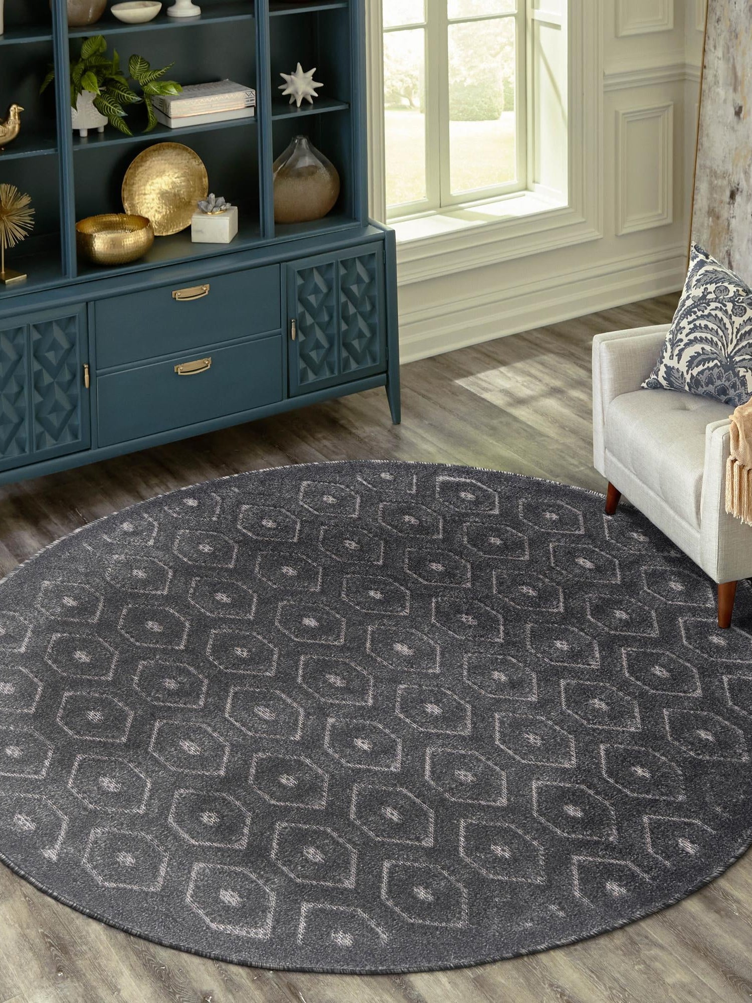 Charcoal 5' 3 x 5' 3 Outdoor Trellis Textured Round Area Rug Weather Resistant for Patio, Deck, Terrace, Balcony, Porch Geometric Design Water Safe Outside Carpet for Sale at Rug Engine
