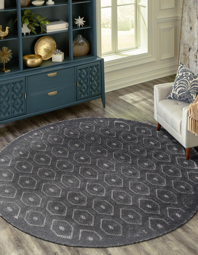 Charcoal 5' 3 x 5' 3 Outdoor Trellis Textured Round Area Rug Weather Resistant for Patio, Deck, Terrace, Balcony, Porch Geometric Design Water Safe Outside Carpet for Sale at Rug Engine