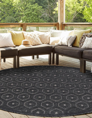 Charcoal 5' 3 x 5' 3 Outdoor Trellis Textured Round Area Rug Weather Resistant for Patio, Deck, Terrace, Balcony, Porch Geometric Design Water Safe Outside Carpet for Sale at Rug Engine