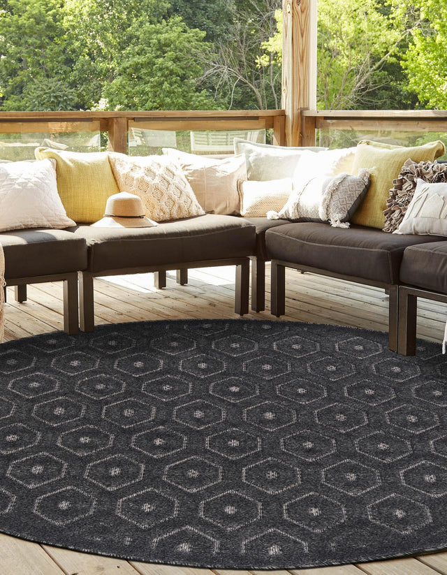 Charcoal 5' 3 x 5' 3 Outdoor Trellis Textured Round Area Rug Weather Resistant for Patio, Deck, Terrace, Balcony, Porch Geometric Design Water Safe Outside Carpet for Sale at Rug Engine