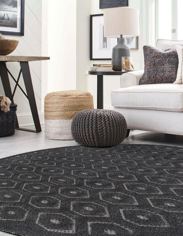Charcoal 4' x 4' Outdoor Trellis Textured Round Area Rug Weather Resistant for Patio, Deck, Terrace, Balcony, Porch Geometric Design Water Safe Outside Carpet for Sale at Rug Engine