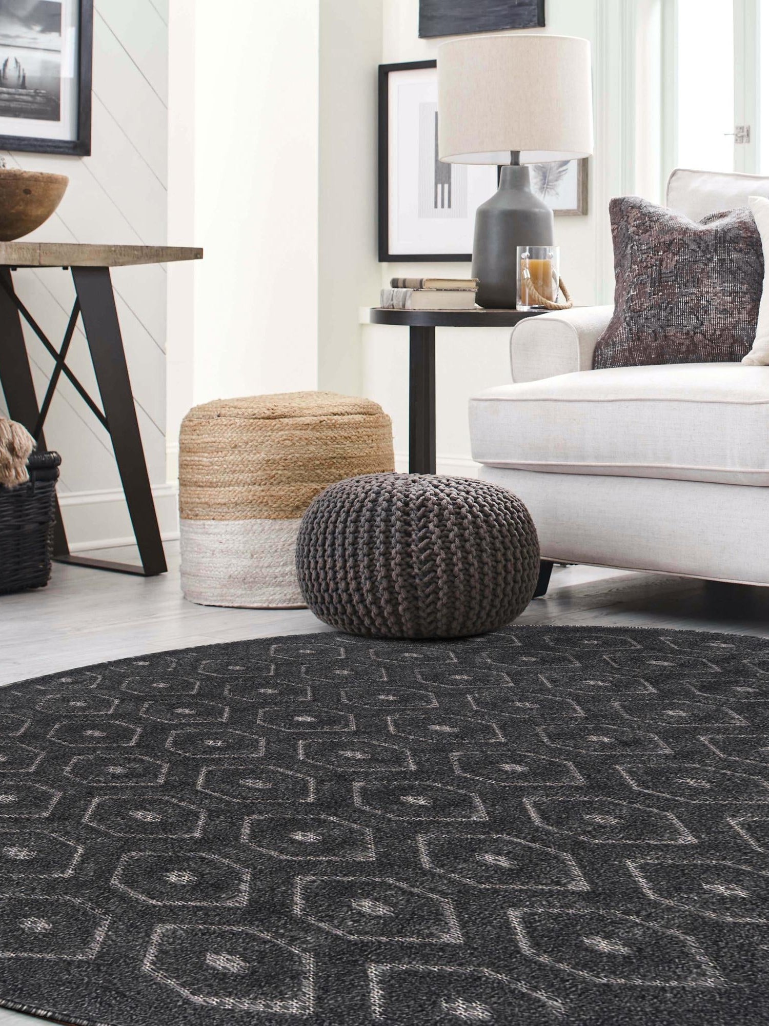 Charcoal 5' 3 x 5' 3 Outdoor Trellis Textured Round Area Rug Weather Resistant for Patio, Deck, Terrace, Balcony, Porch Geometric Design Water Safe Outside Carpet for Sale at Rug Engine