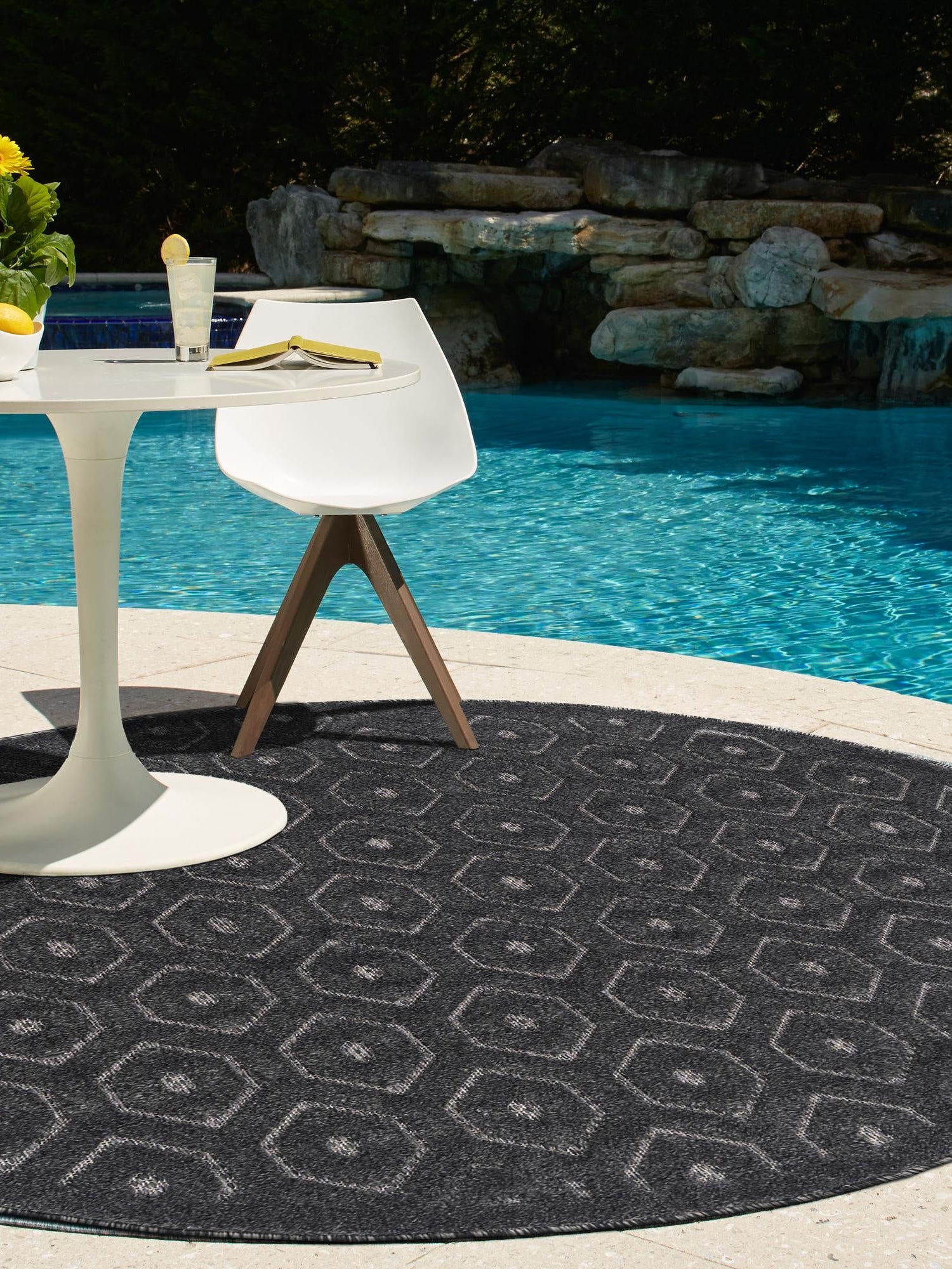 Charcoal 3' x 3' Outdoor Trellis Textured Round Area Rug Weather Resistant for Patio, Deck, Terrace, Balcony, Porch Geometric Design Water Safe Outside Carpet for Sale at Rug Engine