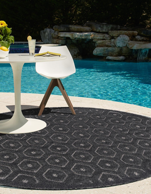 Charcoal 3' x 3' Outdoor Trellis Textured Round Area Rug Weather Resistant for Patio, Deck, Terrace, Balcony, Porch Geometric Design Water Safe Outside Carpet for Sale at Rug Engine
