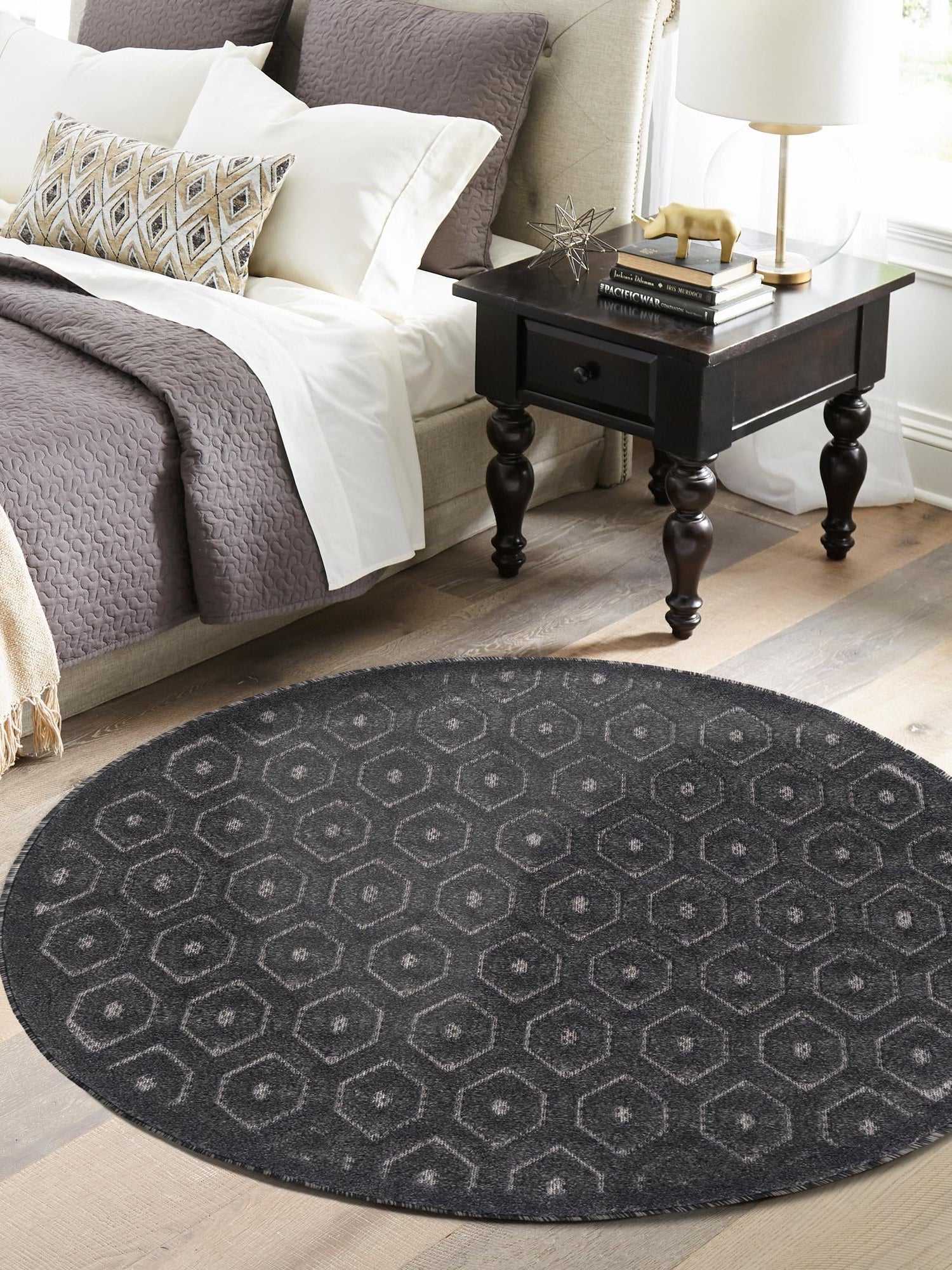 Charcoal 3' x 3' Outdoor Trellis Textured Round Area Rug Weather Resistant for Patio, Deck, Terrace, Balcony, Porch Geometric Design Water Safe Outside Carpet for Sale at Rug Engine