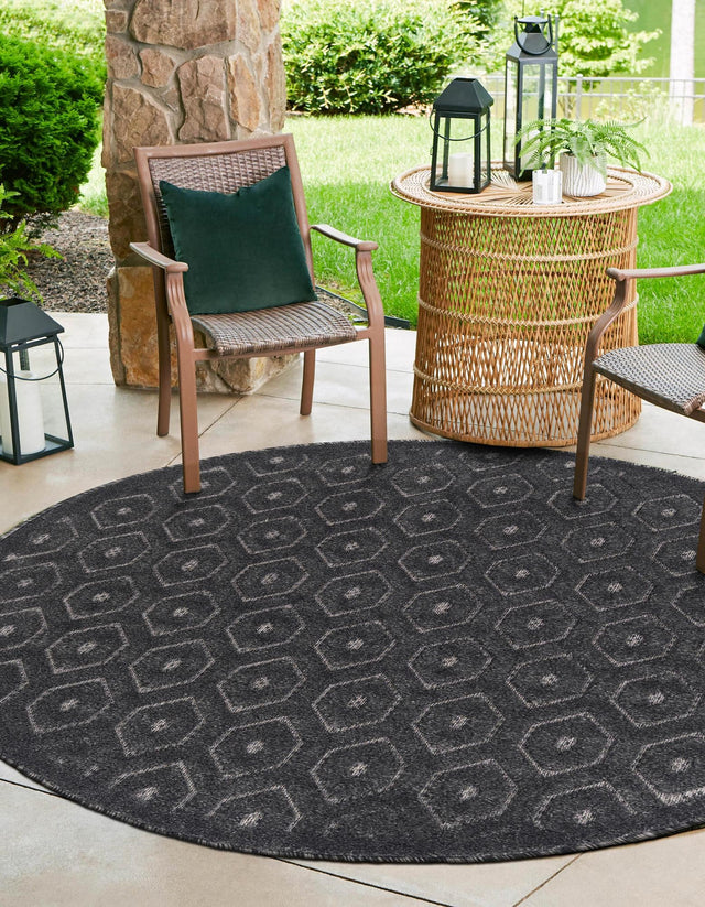 Charcoal 3' x 3' Outdoor Trellis Textured Round Area Rug Weather Resistant for Patio, Deck, Terrace, Balcony, Porch Geometric Design Water Safe Outside Carpet for Sale at Rug Engine