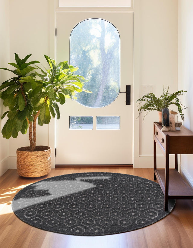 Charcoal 3' x 3' Outdoor Trellis Textured Round Area Rug Weather Resistant for Patio, Deck, Terrace, Balcony, Porch Geometric Design Water Safe Outside Carpet for Sale at Rug Engine