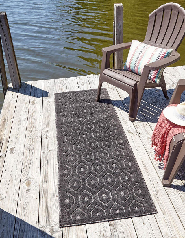 Charcoal 2' x 8' Outdoor Trellis Textured Runner Area Rug Weather Resistant for Patio, Deck, Terrace, Balcony, Porch Geometric Design Water Safe Outside Carpet for Sale at Rug Engine