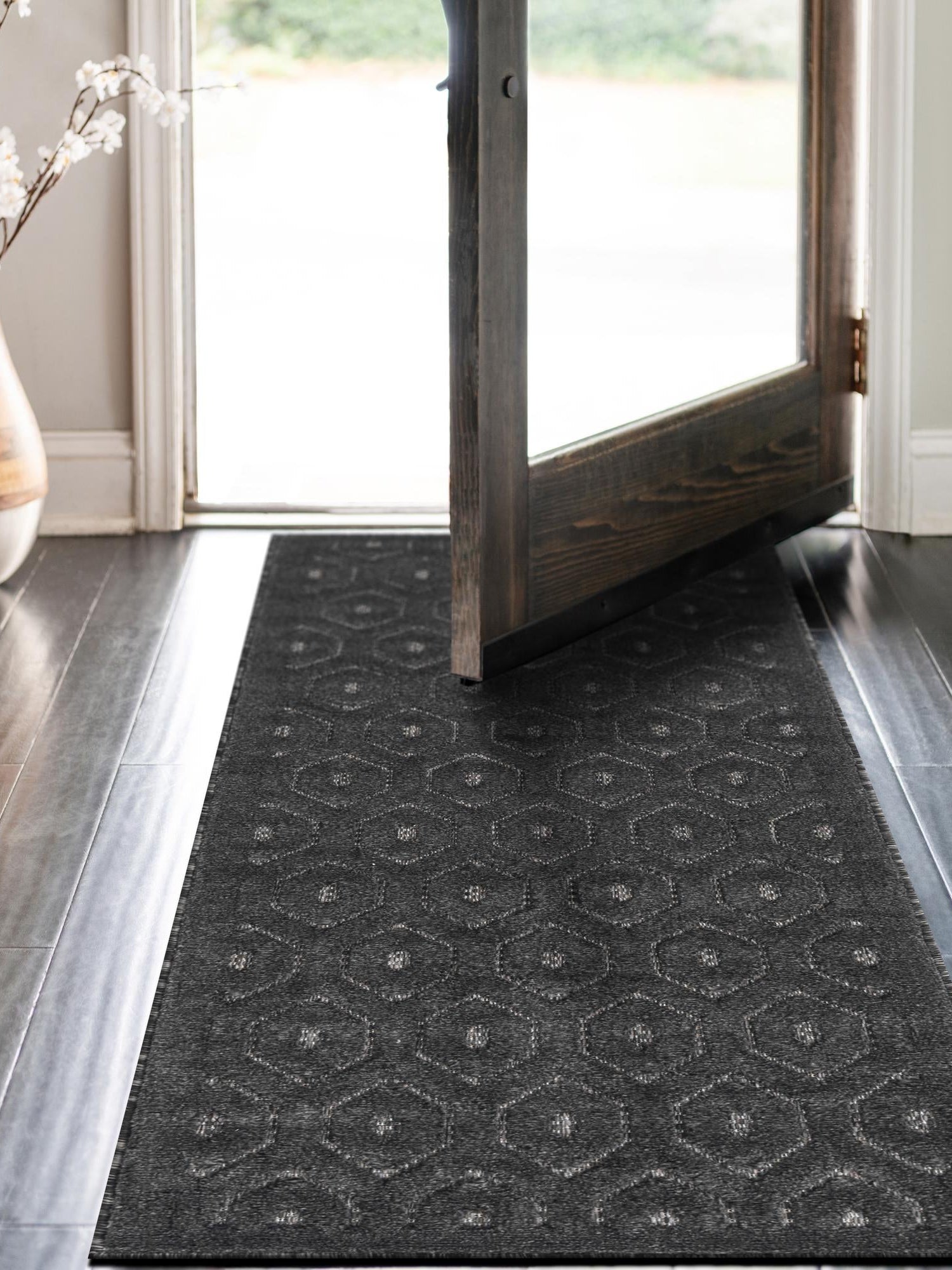 Charcoal 2' x 6' Outdoor Trellis Textured Runner Area Rug Weather Resistant for Patio, Deck, Terrace, Balcony, Porch Geometric Design Water Safe Outside Carpet for Sale at Rug Engine