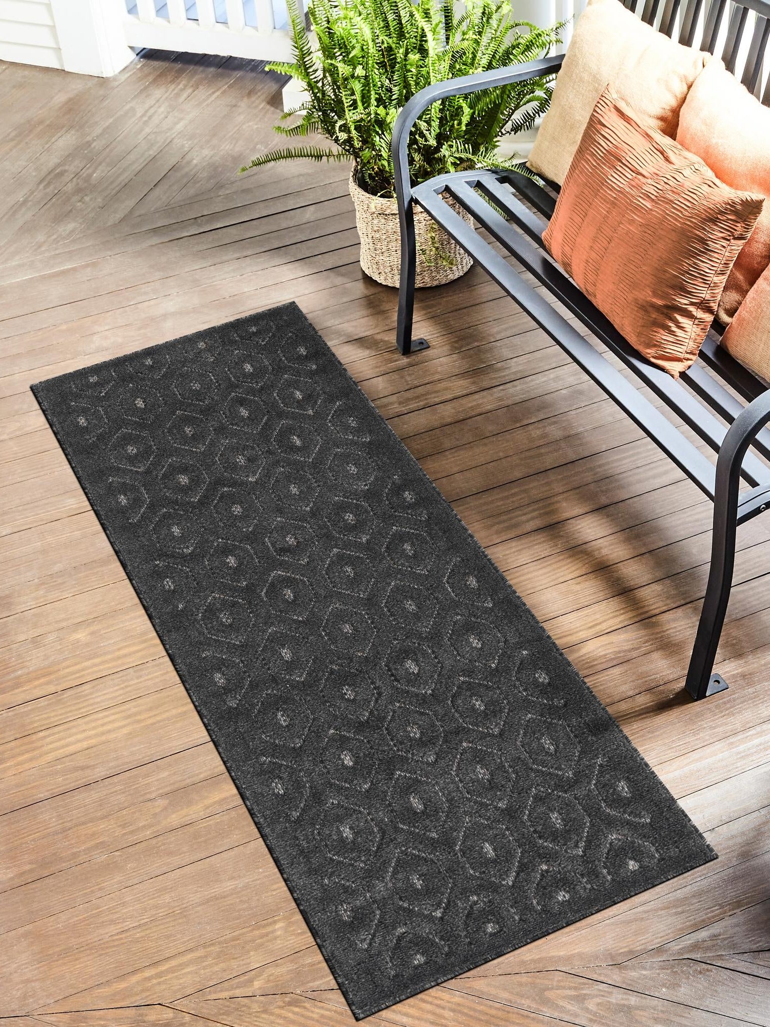 Charcoal 2' x 6' Outdoor Trellis Textured Runner Area Rug Weather Resistant for Patio, Deck, Terrace, Balcony, Porch Geometric Design Water Safe Outside Carpet for Sale at Rug Engine