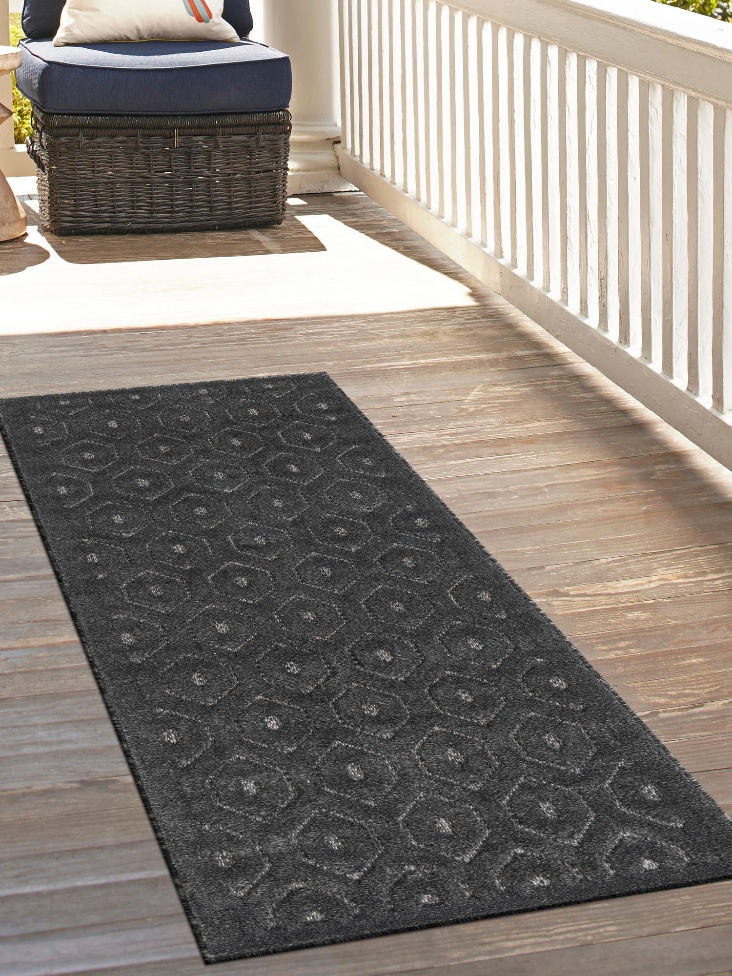 Charcoal 2' x 6' Outdoor Trellis Textured Runner Area Rug Weather Resistant for Patio, Deck, Terrace, Balcony, Porch Geometric Design Water Safe Outside Carpet for Sale at Rug Engine